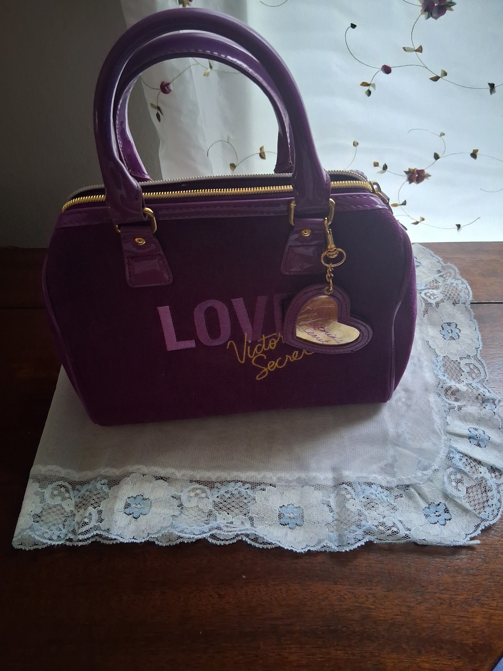 Victoria's Secret Purple Velvet Satchel with Glossy Handles